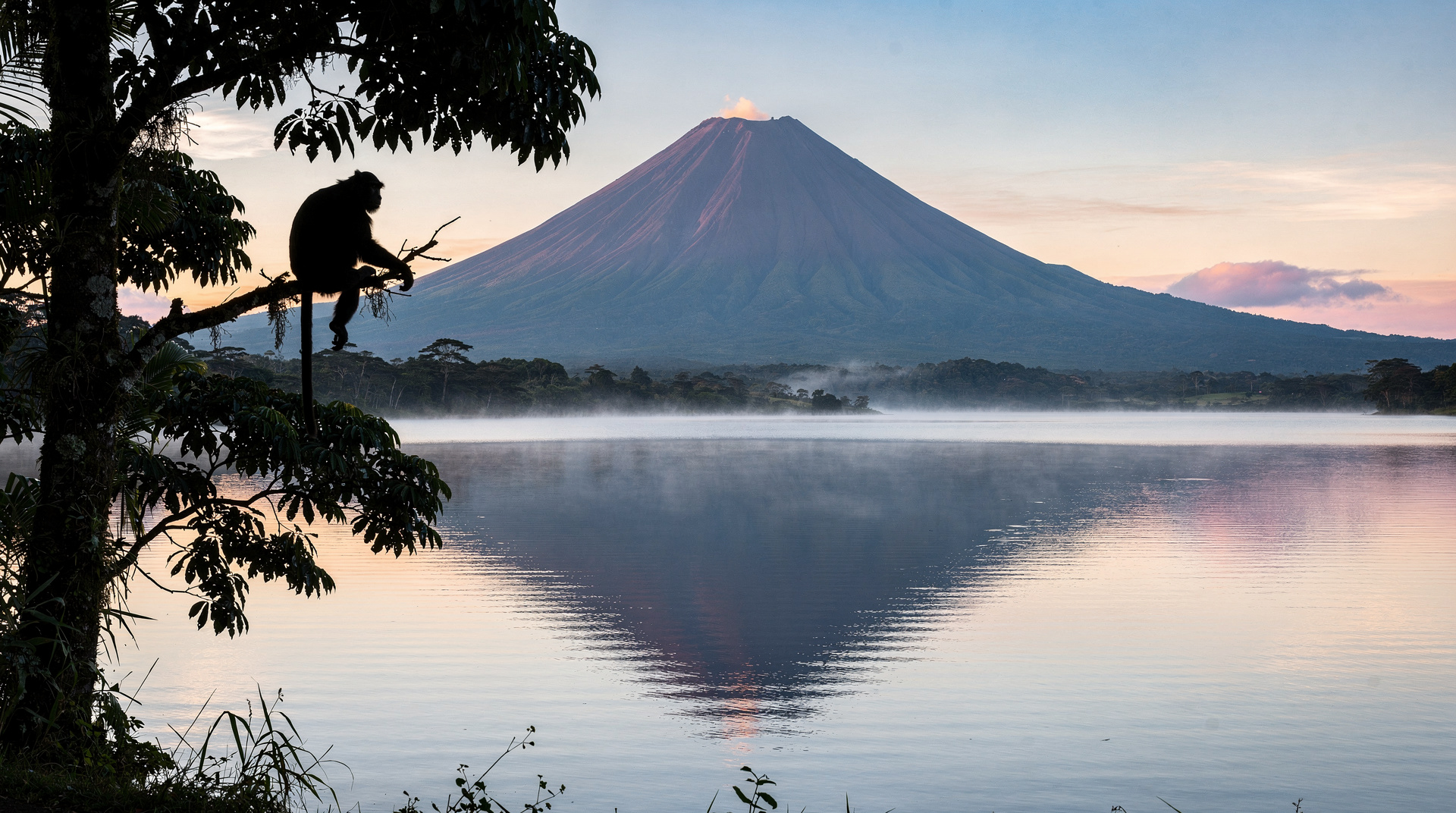 Le cône presque parfait du volcan Arenal reflété dans le lac Arenal près de La Fortuna, Costa Rica