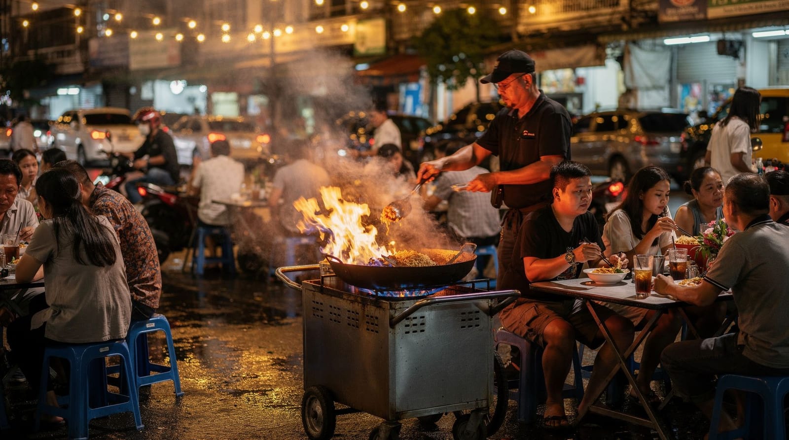 Bangkok street food vendor wok-frying noodles over a flame at a night market with steam rising and neon signs behind