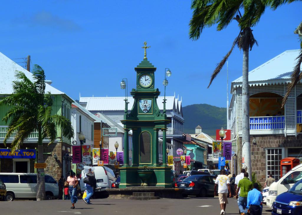The Circus and the Berkeley Memorial clock tower in downtown Basseterre, St Kitts