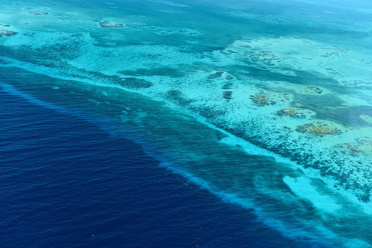 Luchtfoto van turquoise water en koraalformaties langs het Belize Barrièrerif bij Ambergris Caye