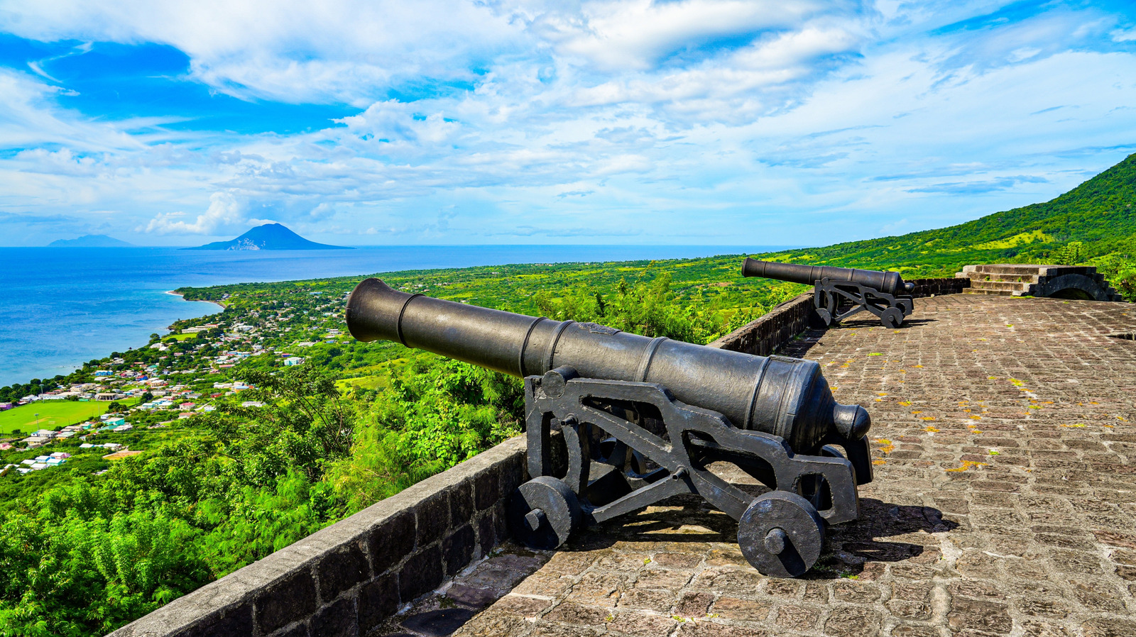 Stone ramparts and cannon at Brimstone Hill Fortress National Park, St Kitts