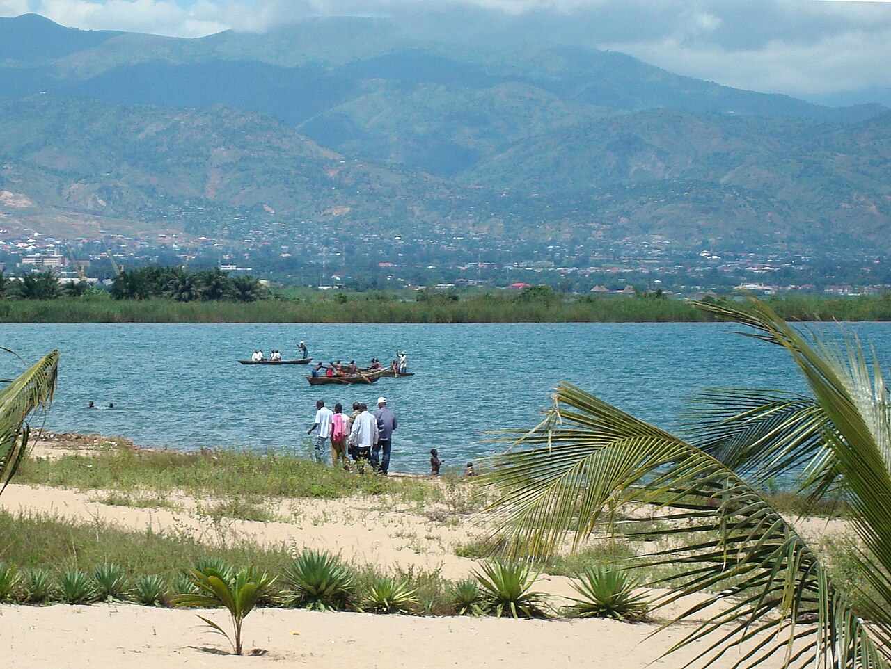 Bujumbura's lakefront on Lake Tanganyika at sunset with the Mitumba mountains in silhouette