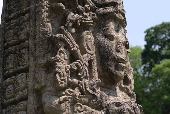 Carved Maya stela in the Great Plaza at Copán Ruins, Honduras