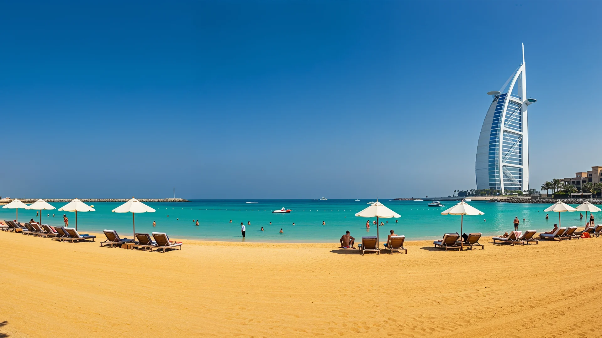 Jumeirah Beach in Dubai with white sand, warm water and the Burj Al Arab on the horizon