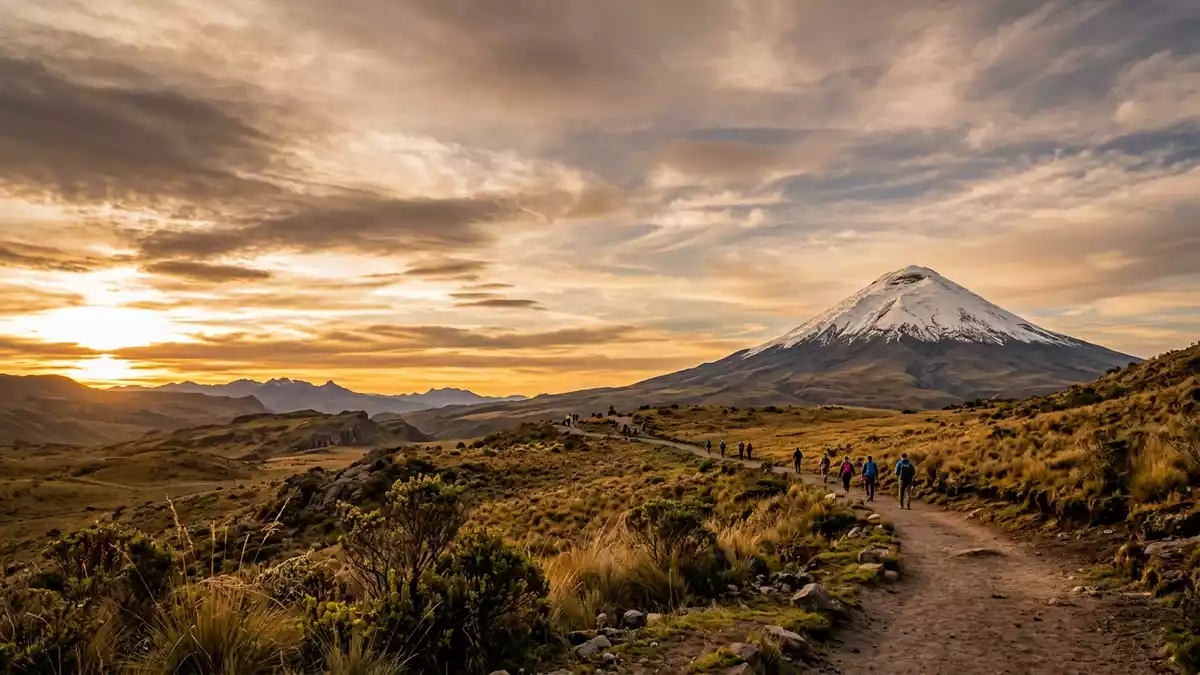 Cotopaxi volcano's snow-capped cone above the páramo grassland south of Quito, Ecuador