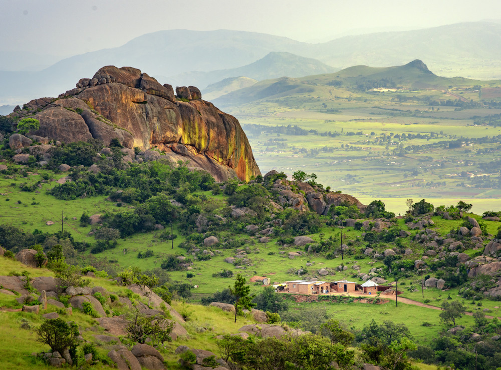 Green hills and craft market stalls in the Ezulwini Valley, Eswatini