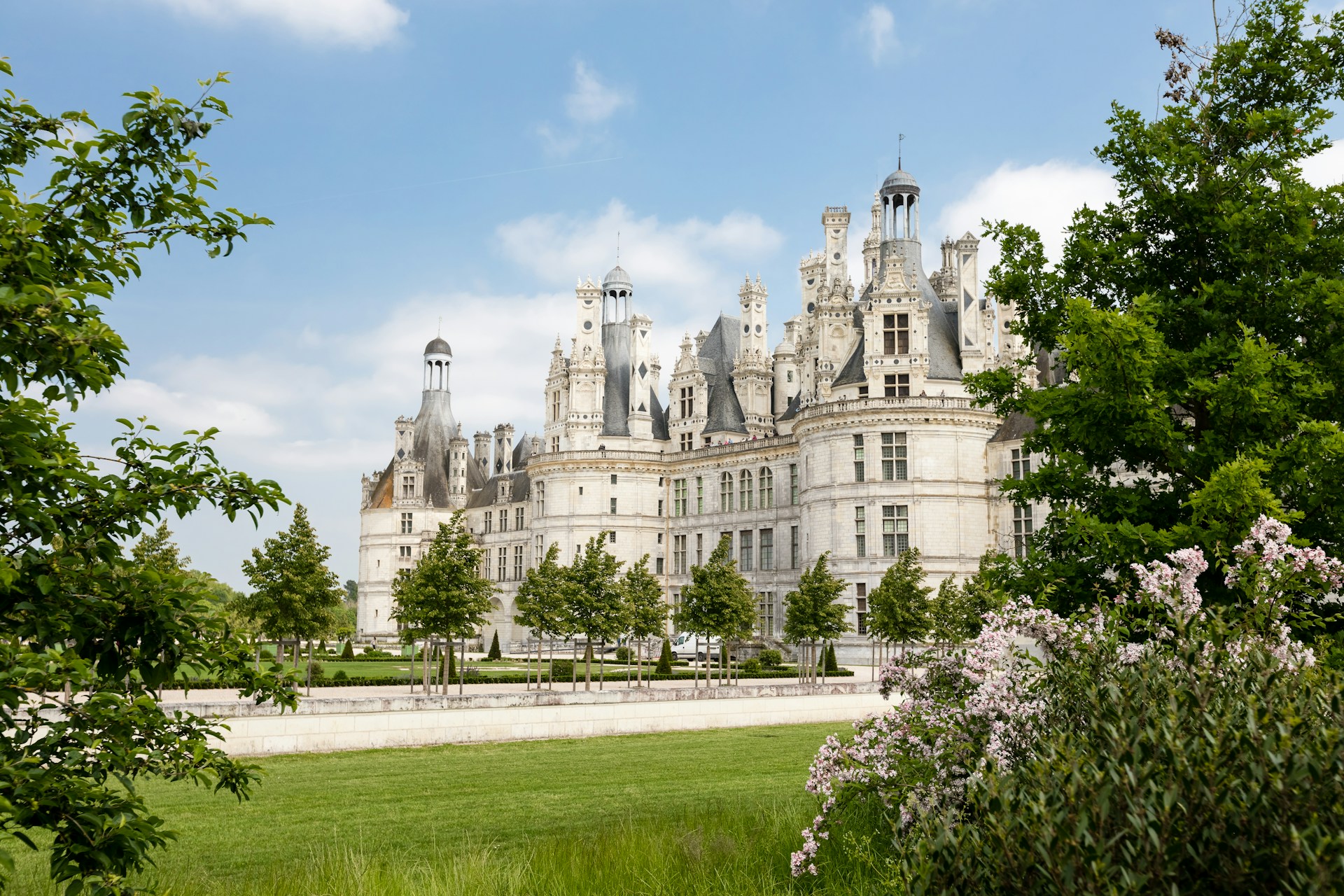 Schloss Chambord im Loire-Tal bei Morgengrauen mit Nebel über dem Wassergraben und Rehen im Park