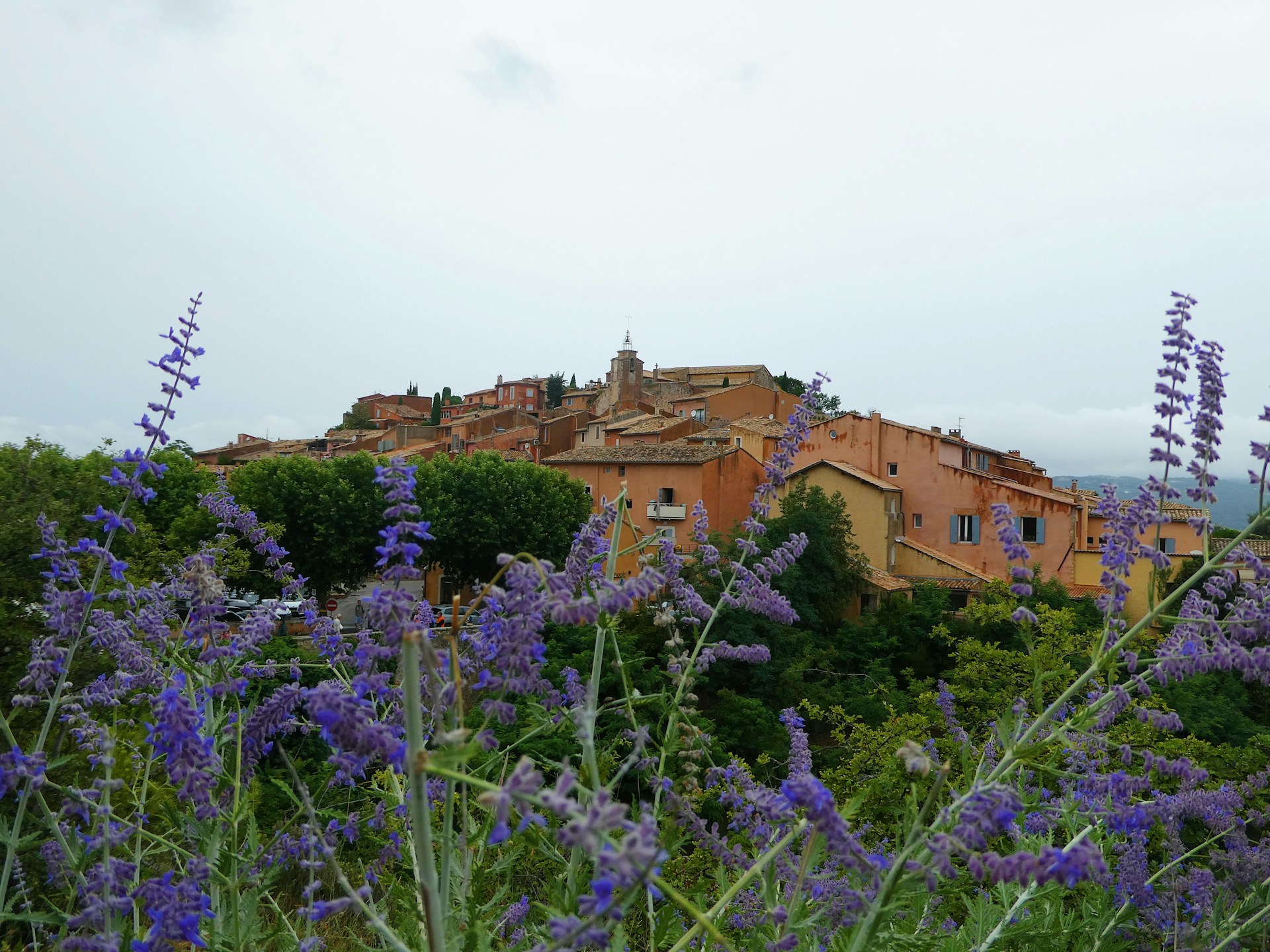 Steinhaus-Gîte in der Provence mit Lavendelgarten-Terrasse und Luberon-Hügeln im Hintergrund unter blauem Himmel