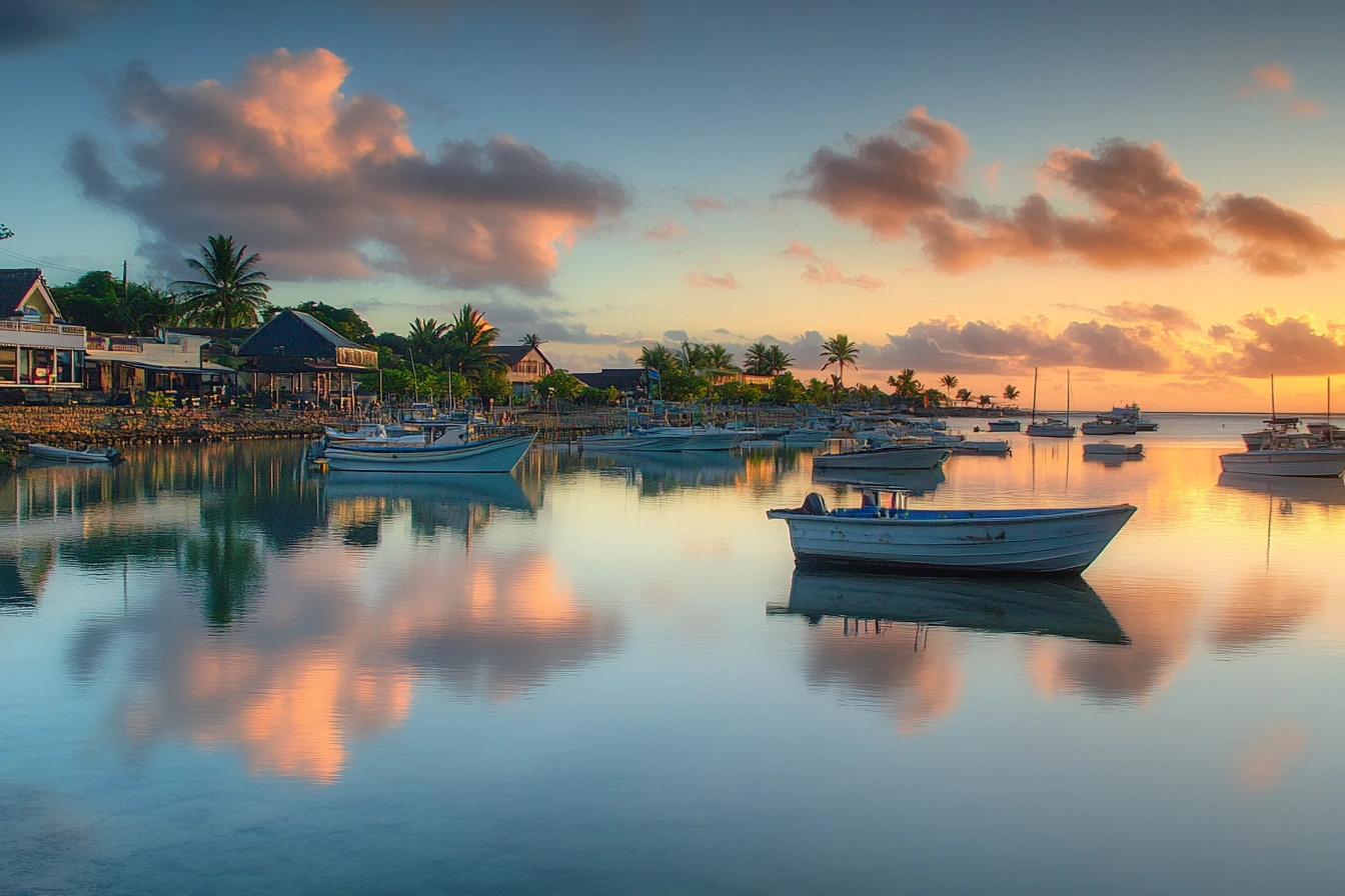 Boote, die im türkisfarbenen Wasser von Grand Baie an der Nordküste von Mauritius zur goldenen Stunde ankern
