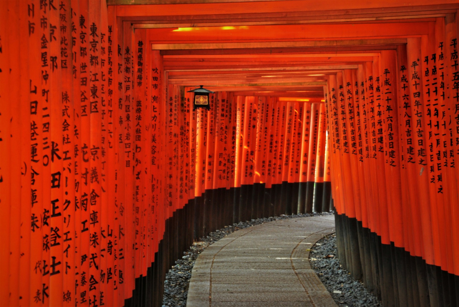 Santuario Fushimi Inari a Kyoto con migliaia di torii arancioni brillanti che fiancheggiano il sentiero di montagna