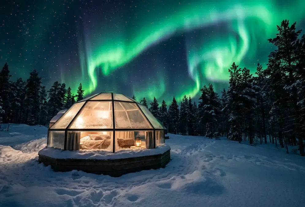 Aurores boréales au-dessus d'une forêt enneigée en Laponie finlandaise près de Rovaniemi
