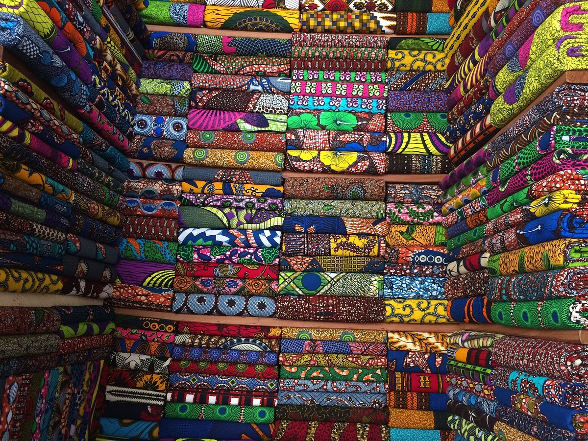 Colorful fabric stalls in the Grand Marché in Lomé, Togo