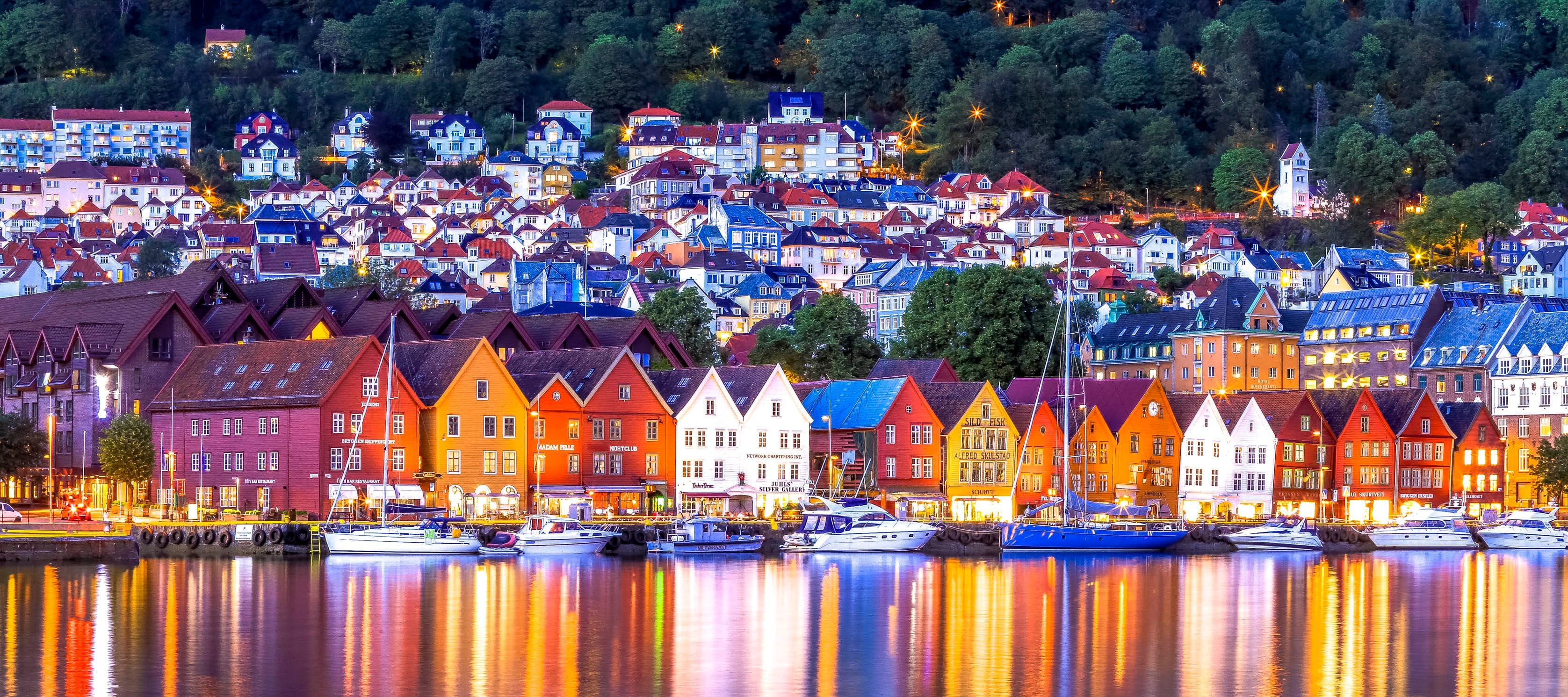Bryggen wharf in Bergen, Norway, with its colourful wooden Hanseatic buildings along the harbour