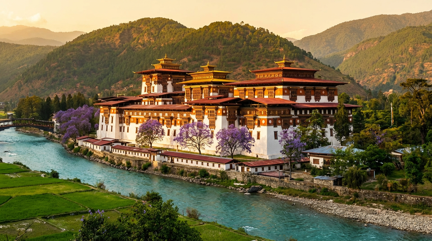 Punakha Dzong at the confluence of the Pho Chhu and Mo Chhu rivers with its wooden cantilever bridge
