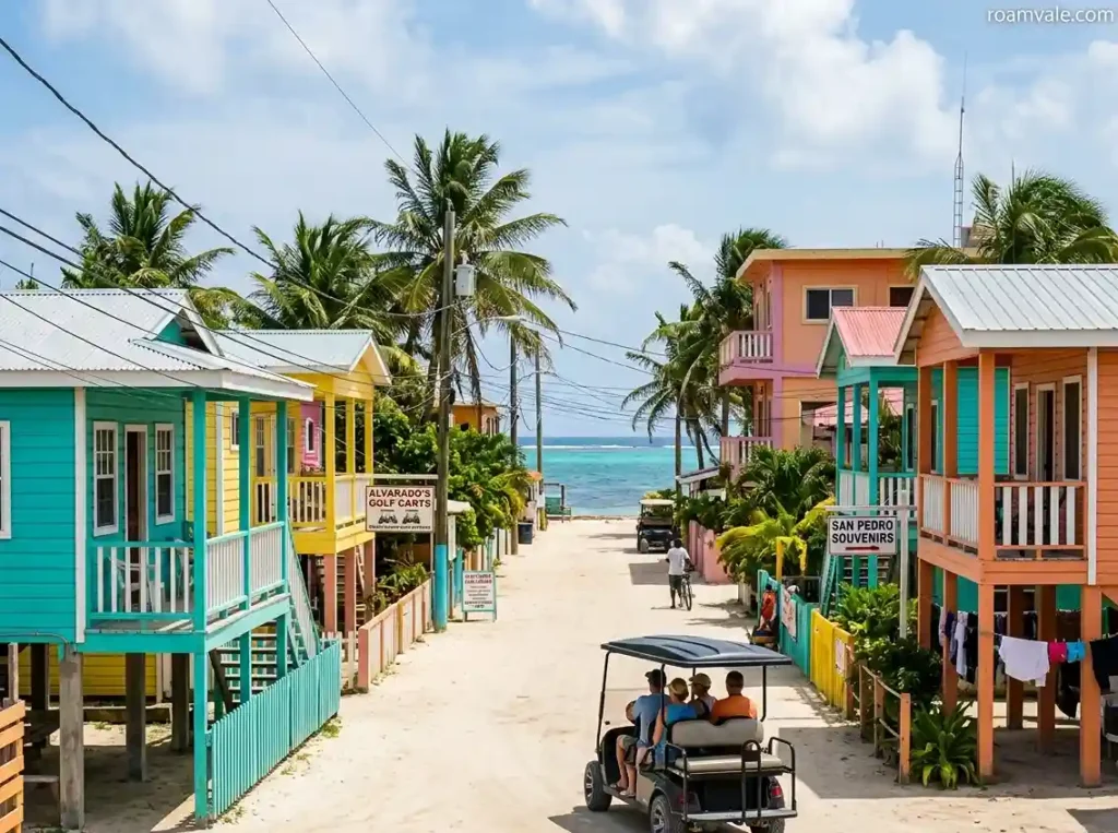 Golf carts and colorful buildings along Barrier Reef Drive in downtown San Pedro, Ambergris Caye