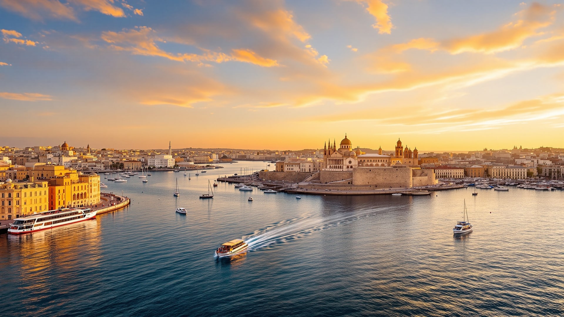 Edifici barocchi in pietra calcarea della Valletta sopra il Grand Harbour con le Tre Città dall'altra parte dell'acqua
