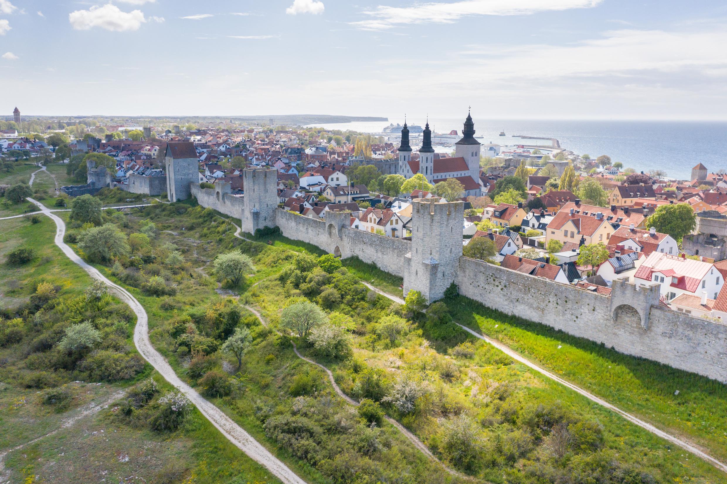 Muralla medieval de piedra y ruinas cubiertas de rosas en Visby, Gotland, Suecia